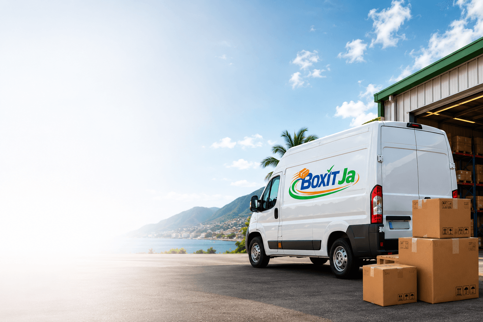 BOXIT JA delivery van outside a warehouse in Jamaica